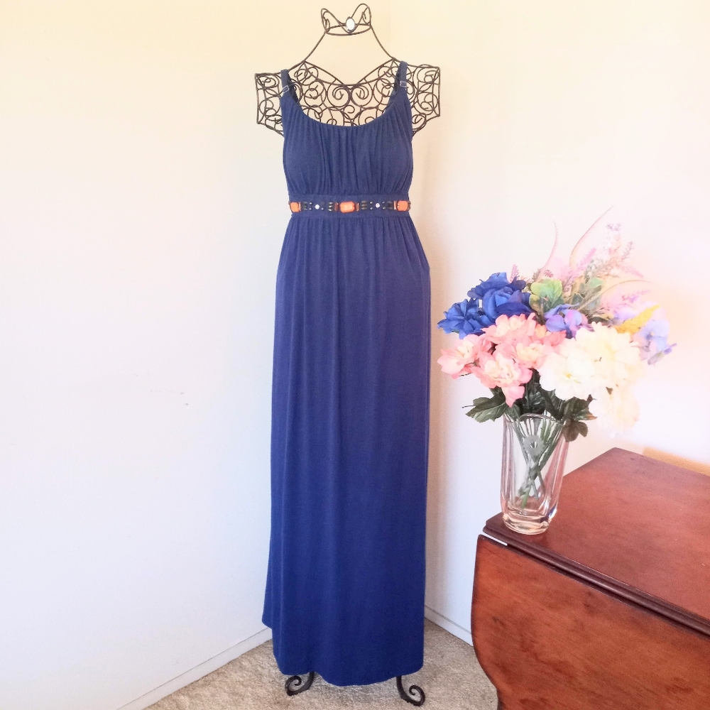 Brittney Blue | Adjustable Straps, Built-in Bra | Empire Beaded Maxi Dress Small